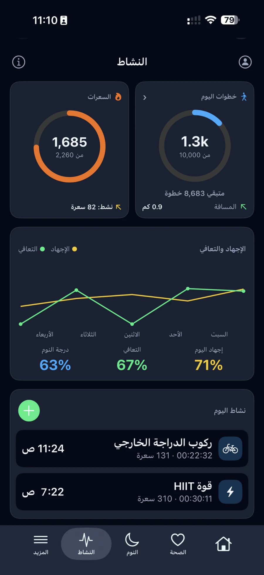 شاشة النشاط مع الخطوات والحرق النشط ومنحنى الإجهاد والتعافي