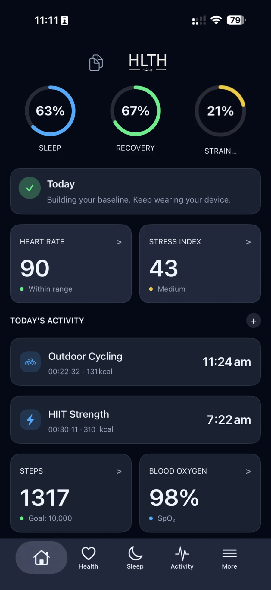 HLTH app home screen with the sleep, recovery and strain rings