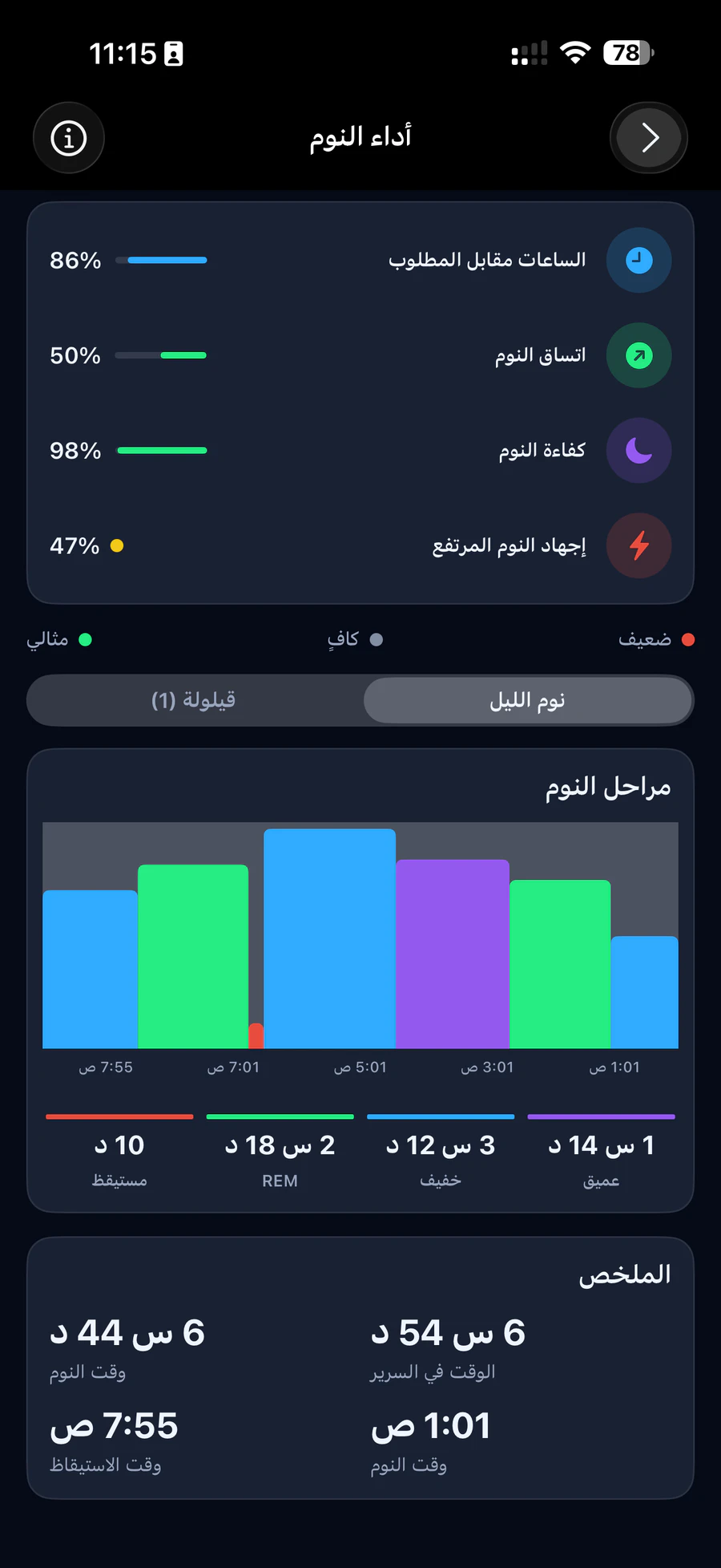 شاشة أداء النوم بالعربية