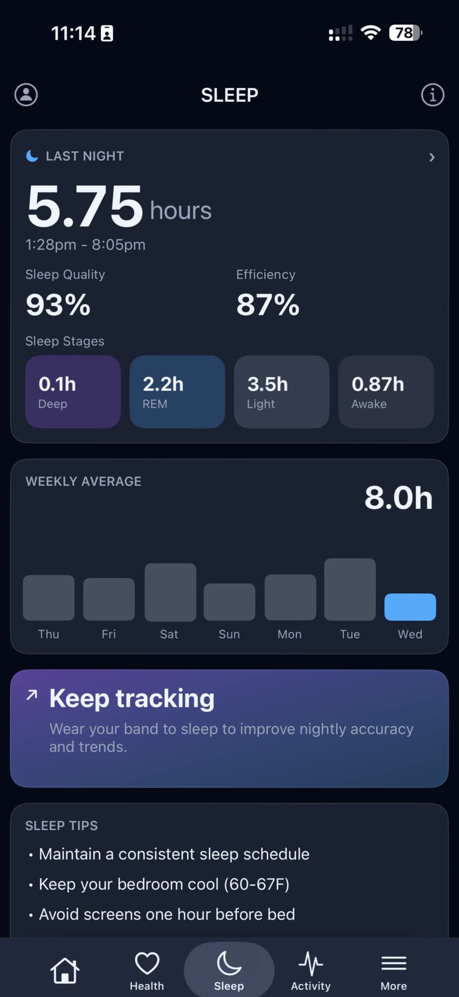 Sleep screen with last night’s hours, quality and sleep stages