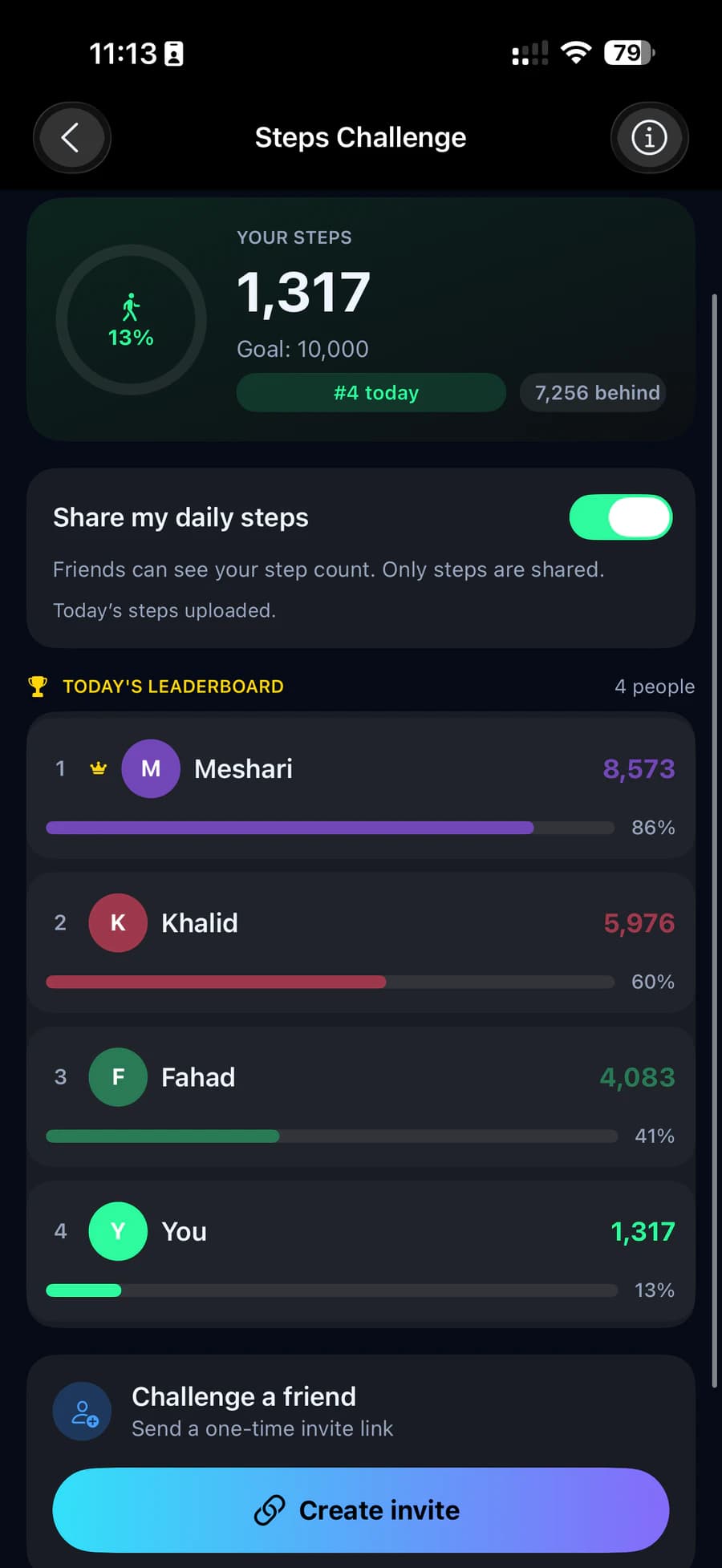 Steps challenge screen with today’s leaderboard