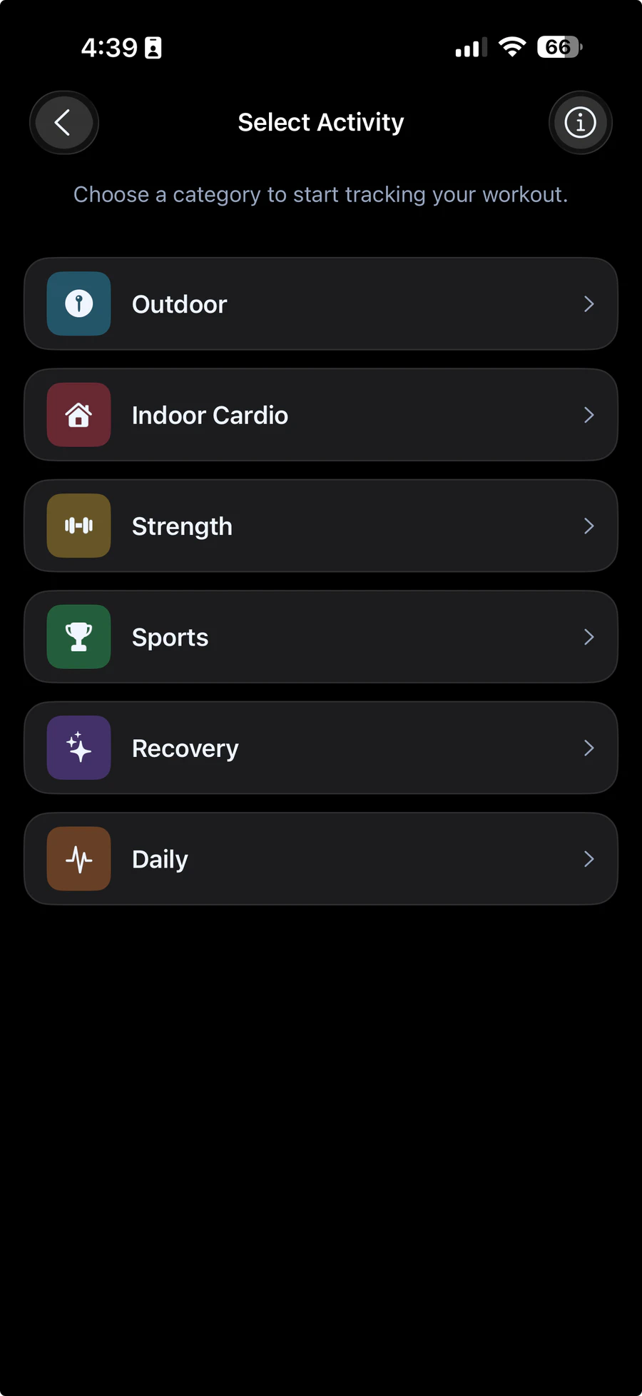 Workout categories: outdoor, indoor cardio, strength, sports, recovery and daily