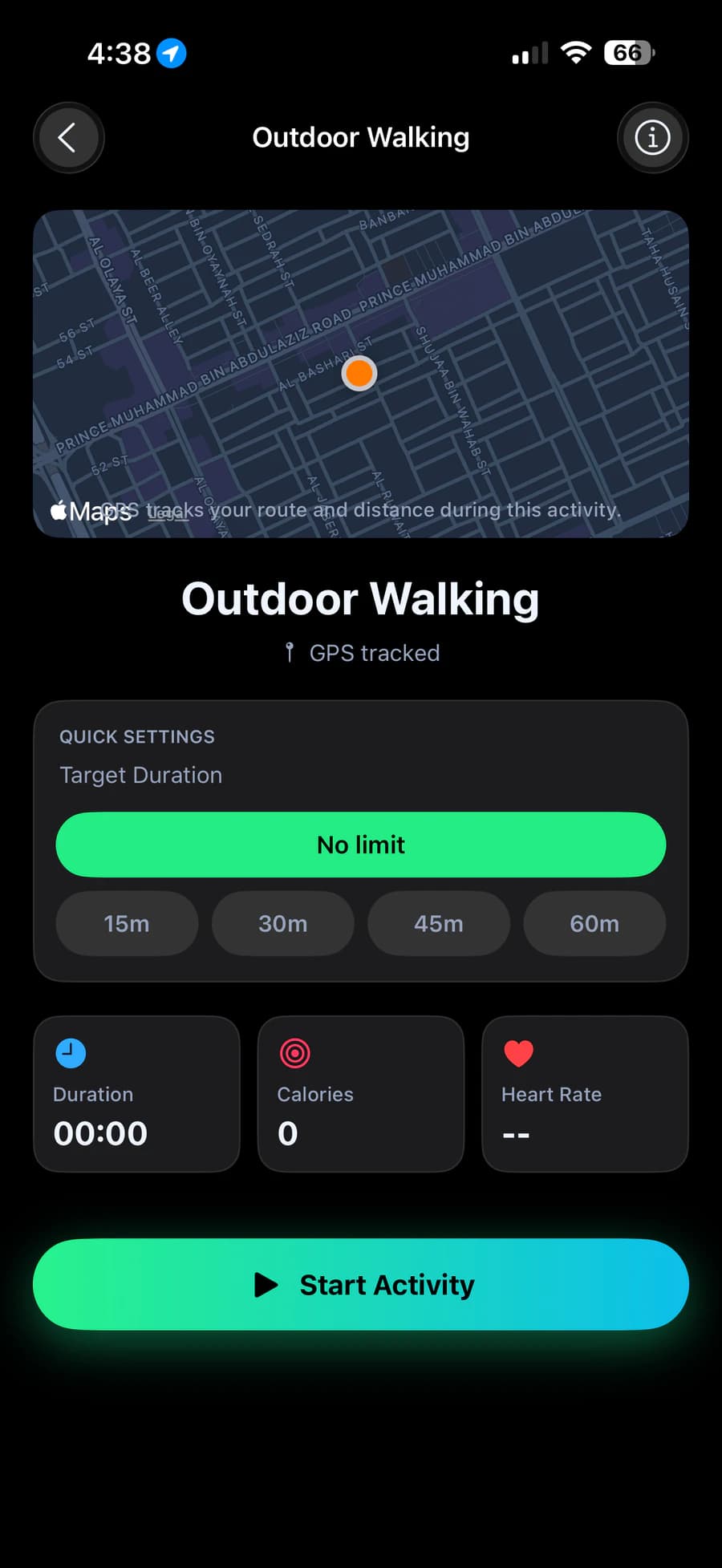 Outdoor walking screen with a map, ready to start